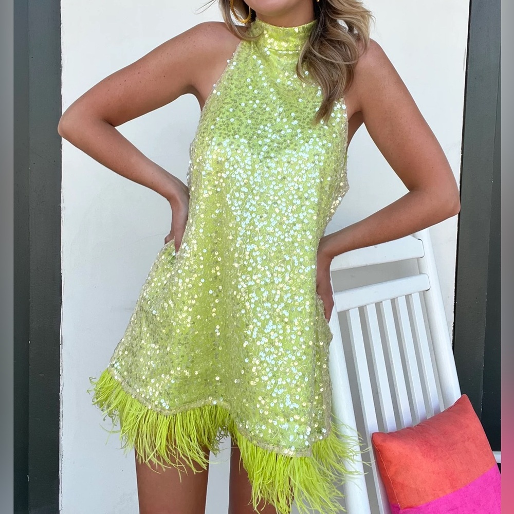 Amy Lynn green sequin feather dress